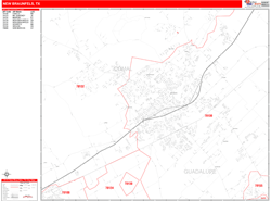 New Braunfels Wall Map Zip Code Red Line Style 2024